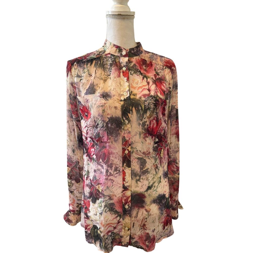 Haute Hippie Silk Chiffon Button Front Shirt Pink Floral Print L